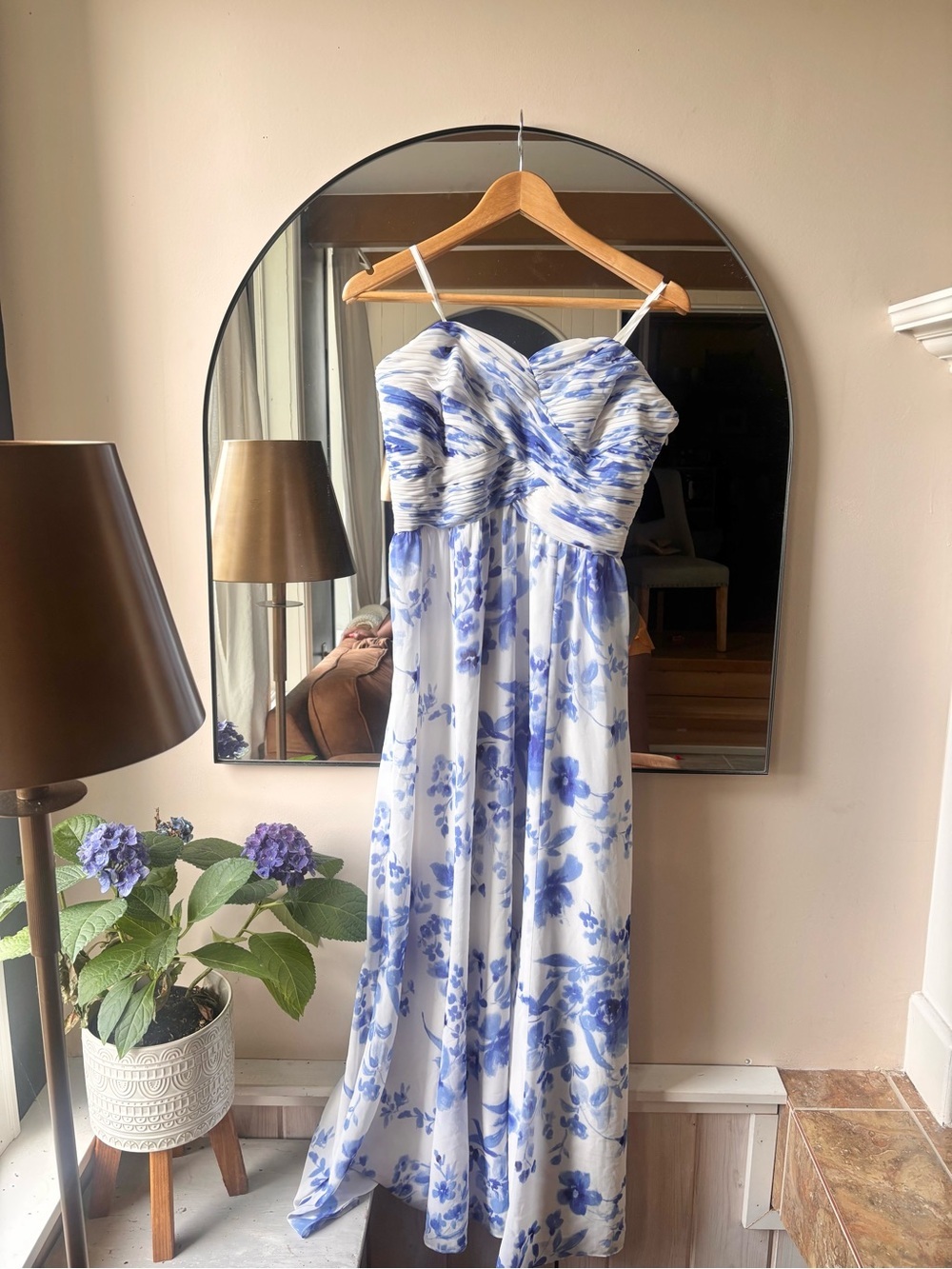 RALPH LAUREN | strapless white and blue floral gown | size 8